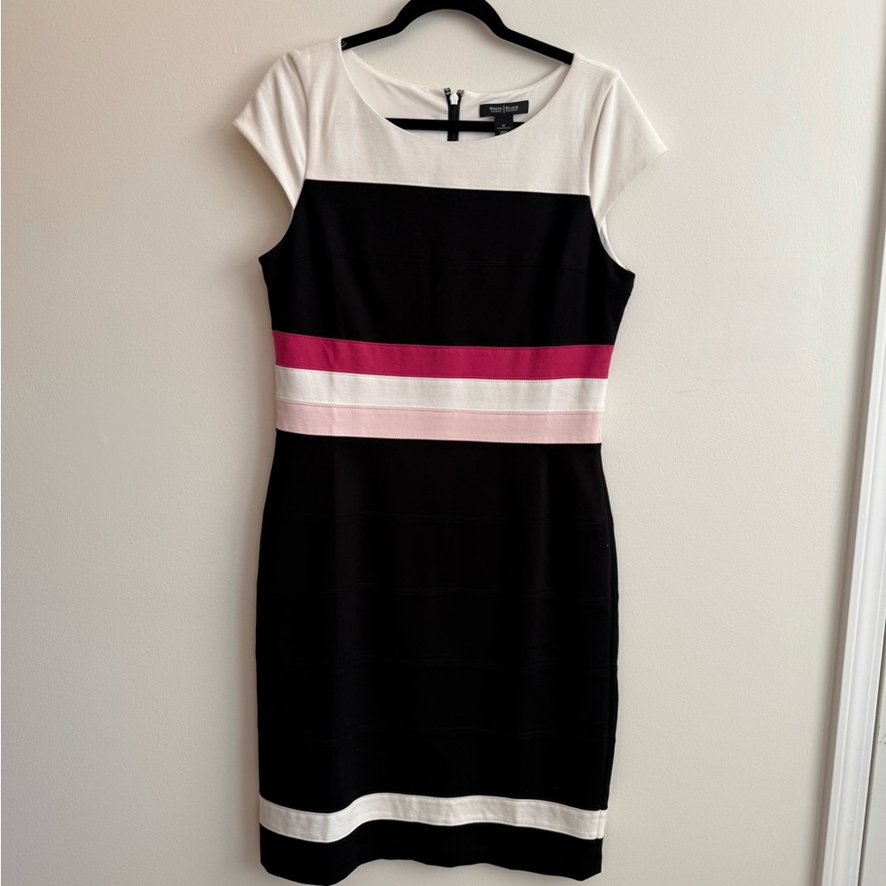 White House Black Market Black and White Sheath Dress with Cap Sleeves